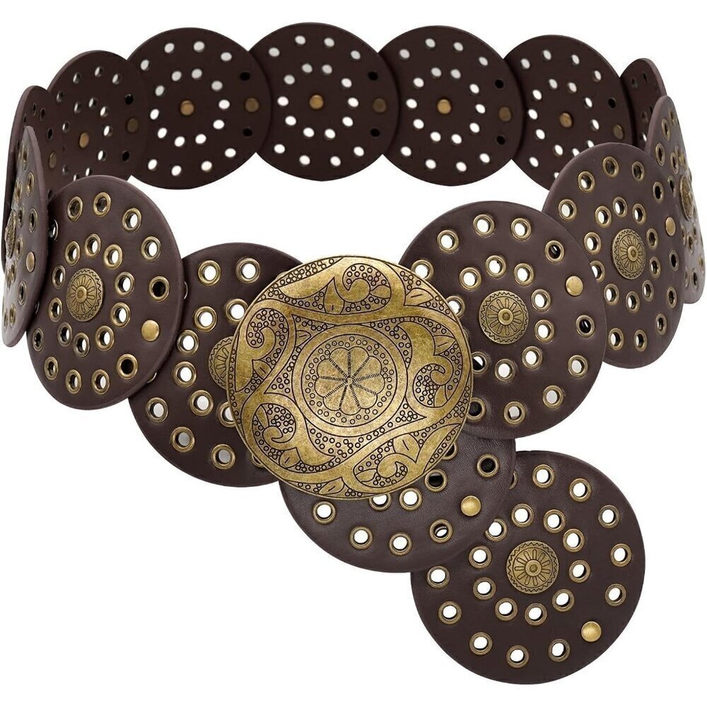 Wide Brown Disc Belt for Women Boho  Concho Leather Belts Western Waist Belt